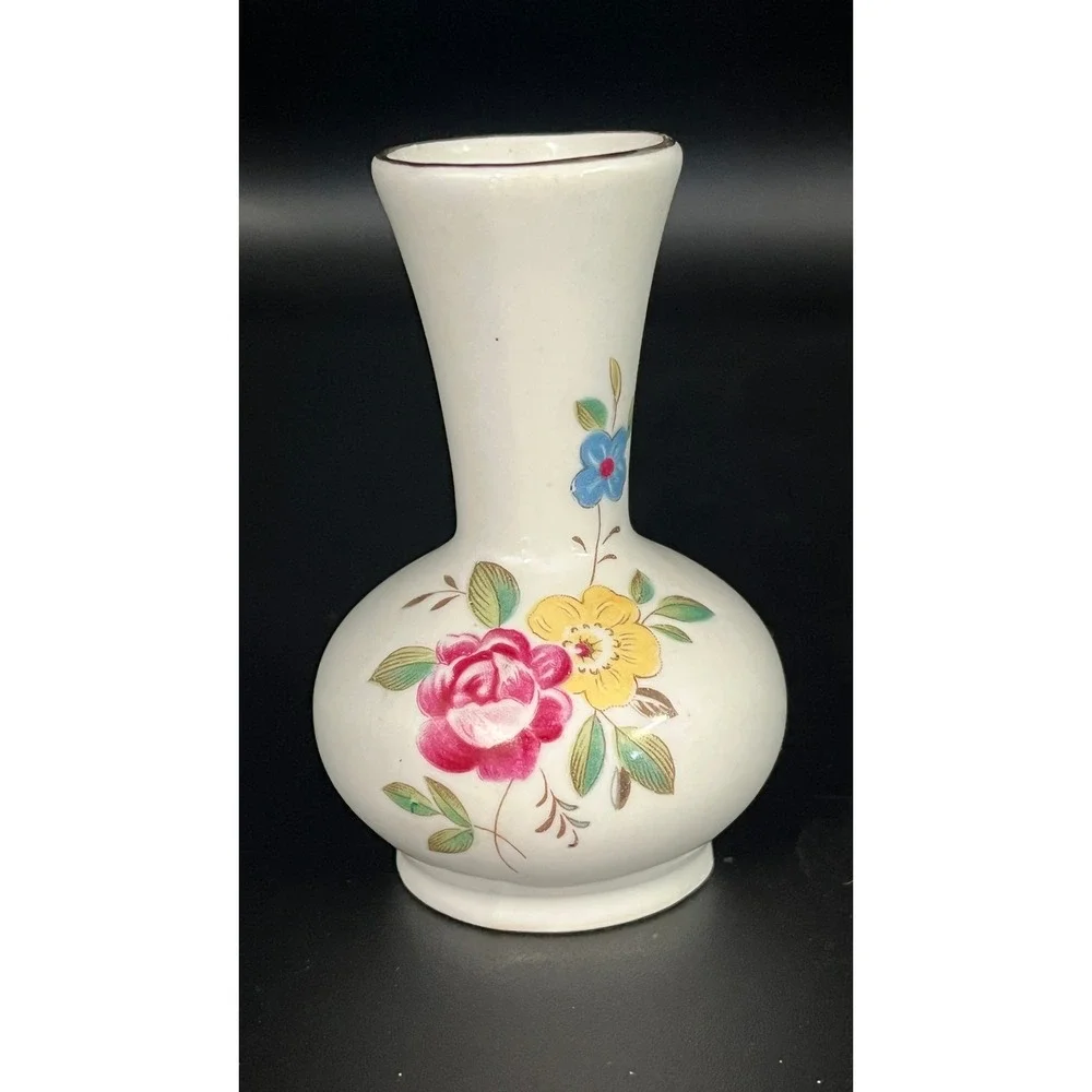 Vtg Decorative Bud‎ Vase Small Floral Design Gold Rim China 3.5